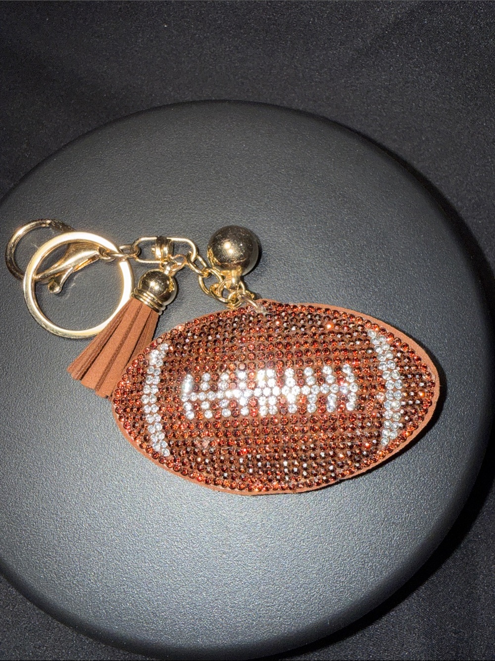 Rhinestone Football Keychain with Tassel - Brown